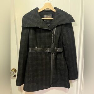 Mackage Wool Coat – Black & Gray Plaid with Leather Belt (XS)